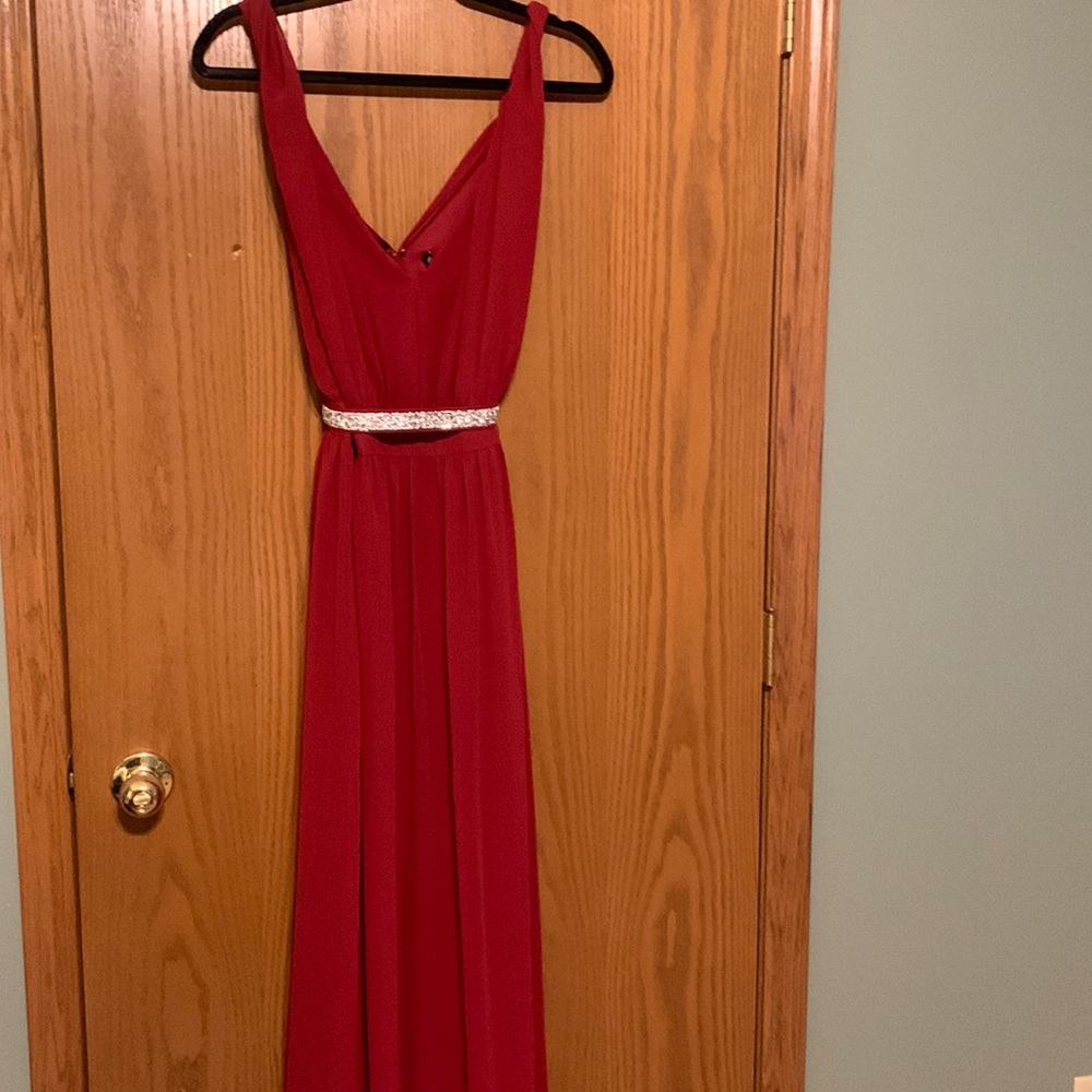 Express, floor length dress, embellished belt, maroon, sz 14, never worn.
